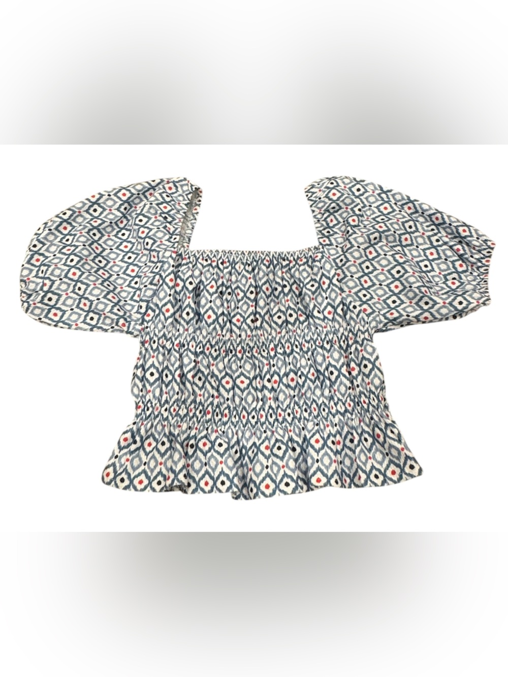 Mayoral Blue White Puff Sleeve Smocked Blouse with Red Accents